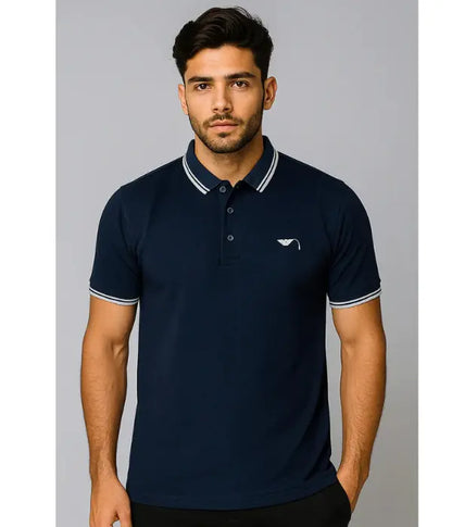 Men’s Navy Blue Polo Shirt – Elegant Contrast Collar Style