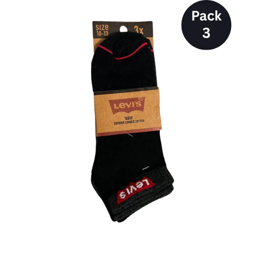 LS Branded L-e-v-i-s Ankle Socks (Pack of 3 – Black)