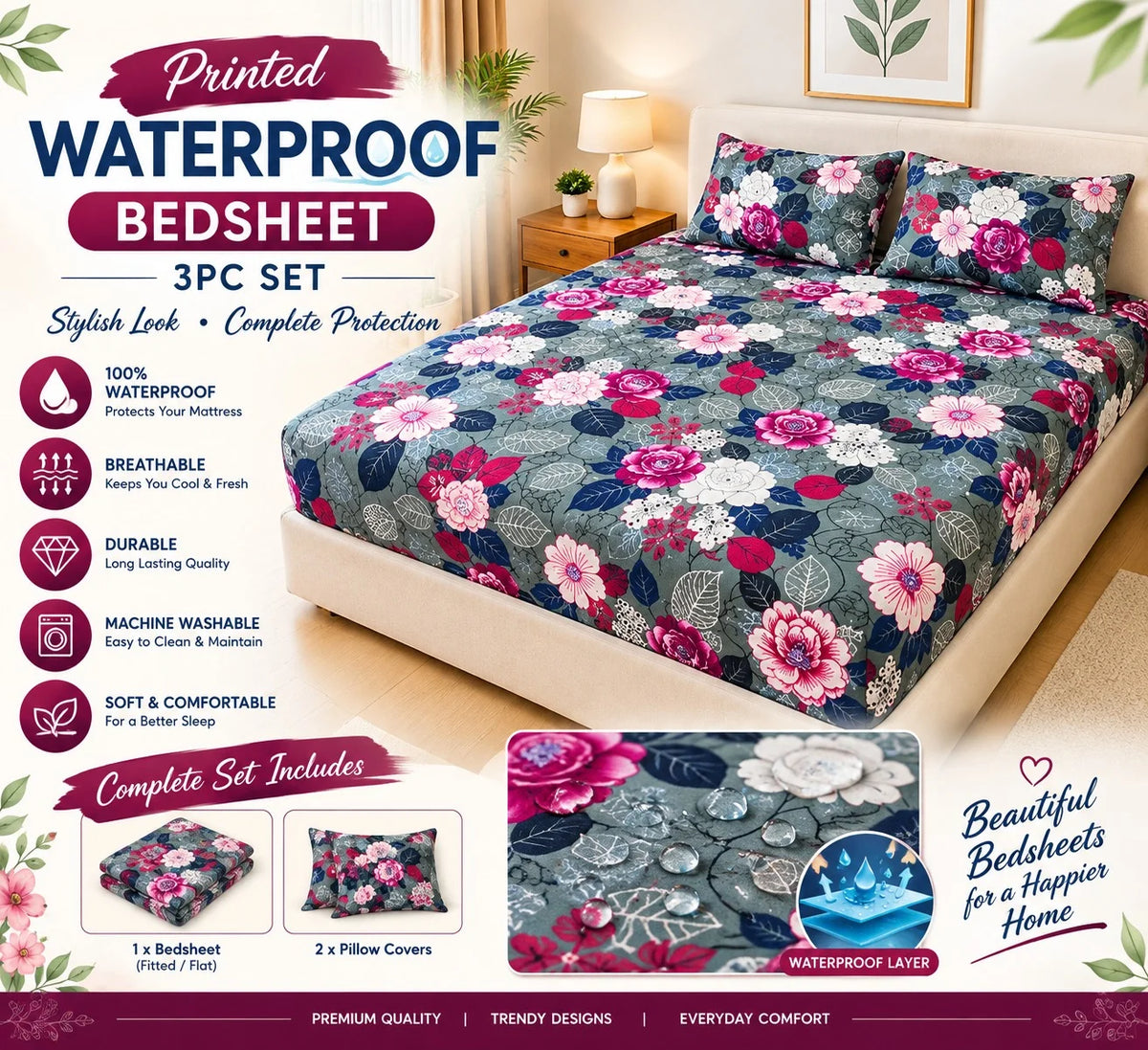 3 PC Printed Fancy Quilted Waterproof Set